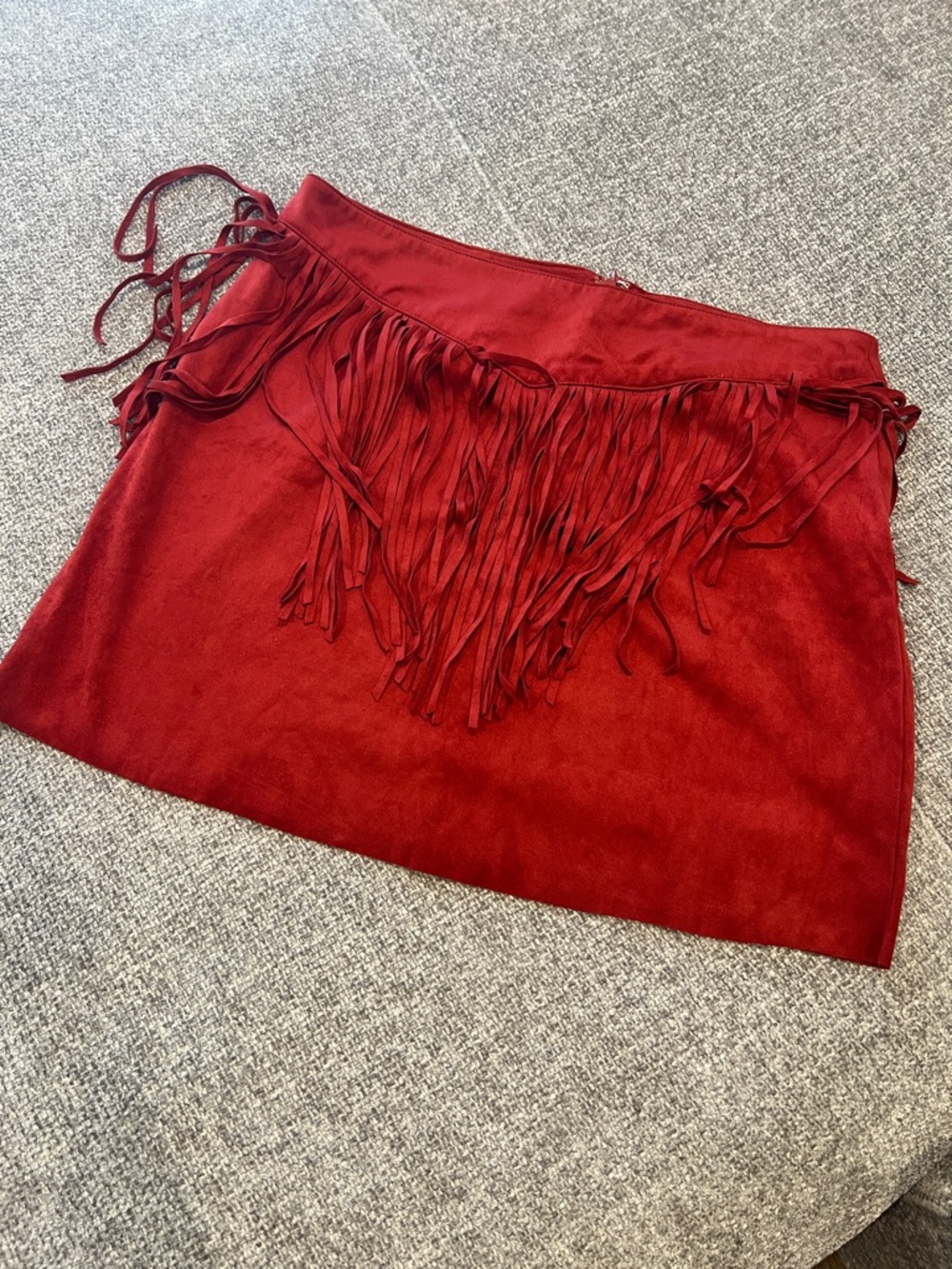 Fringe-Trim Red Suede Mini Skirt 💜